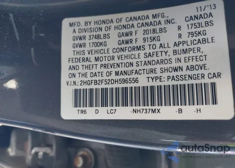 2013 Honda Civic Lx из США, поврежденный, VIN 2HGFB2F52DH596556